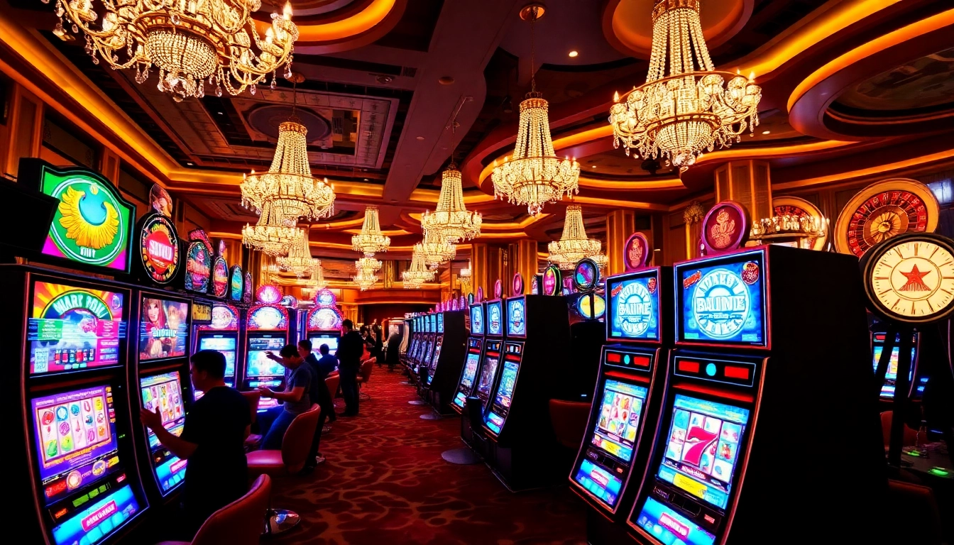 Para pemain menikmati mesin slot yang berwarna-warni di lingkungan kasino yang mewah.