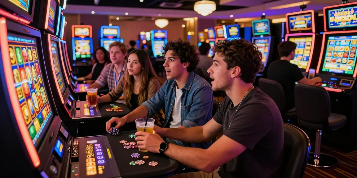 Excited friends enjoying a slot machine game in a vibrant casino setting, showcasing the thrill of gaming.