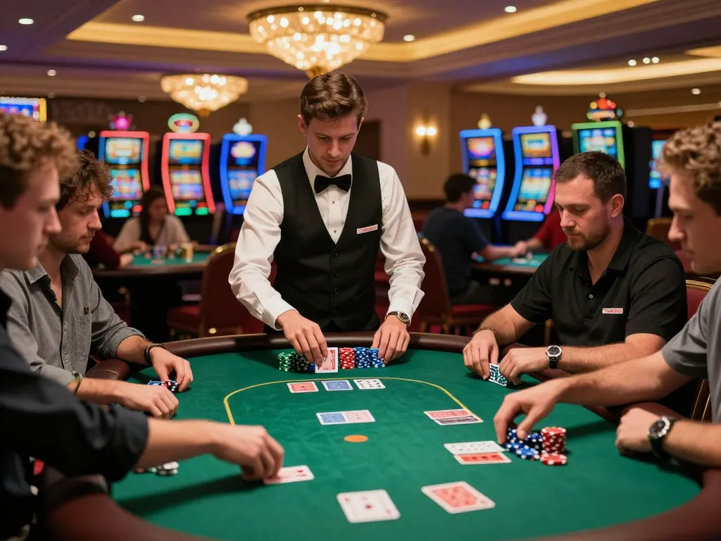 Players engaged in a strategic SC88 poker game at a vibrant casino table with colorful chips.