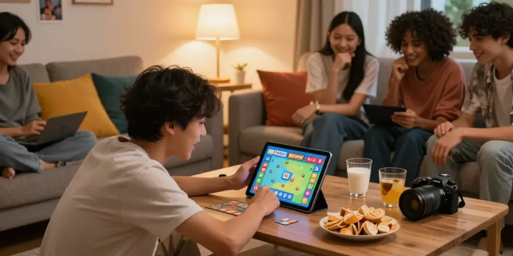 Engaged player enjoying Rumble Rummy on a tablet in a cozy living room.
