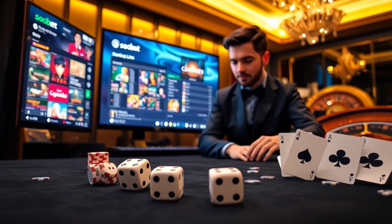 Sbobet link login interface showcasing an exciting online gambling scene with poker chips and dice.