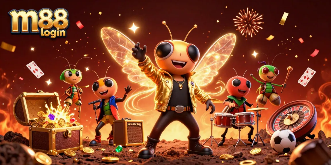 Experience thrilling gaming with m88 login as the cicada rock star and friends celebrate victory in a dynamic casino scene.