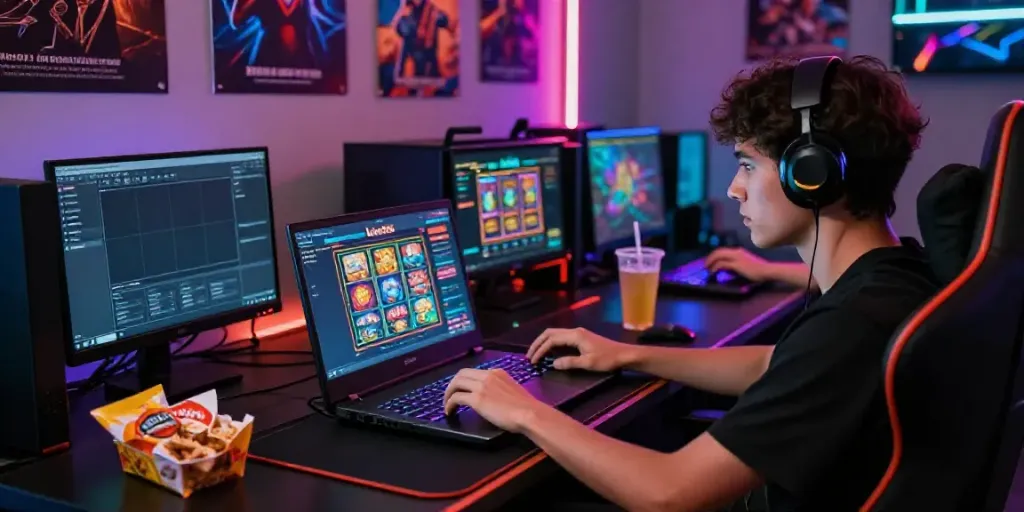 Intense gaming scene with loket88 slot games on a laptop, RGB lighting, and snacks.