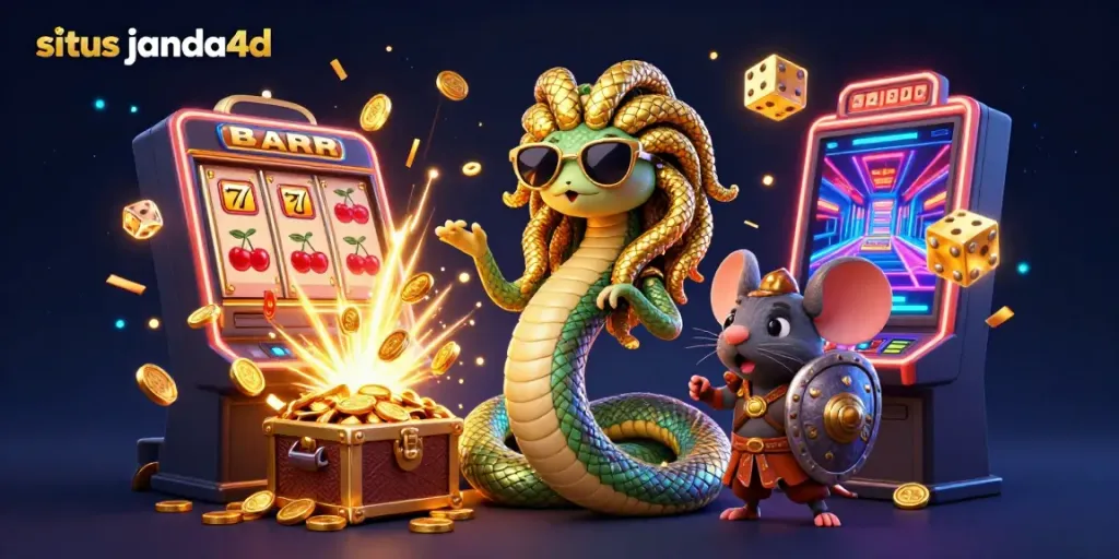 Situs janda4d menghadirkan suasana kasino meriah dengan Medusa dan mouse pejuang di tengah jackpot slot