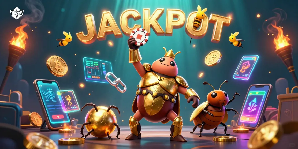 Experience SHBET's thrilling casino vibes as a victorious hercules beetle lifts a poker chip amidst dazzling digital elements.