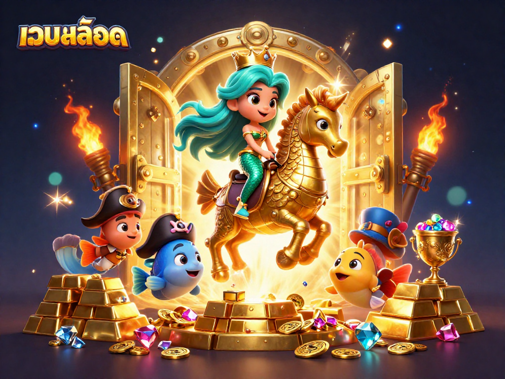 Engage with เว็บสล็อต through stunning graphics featuring a mermaid princess, gold treasures, and vibrant characters.