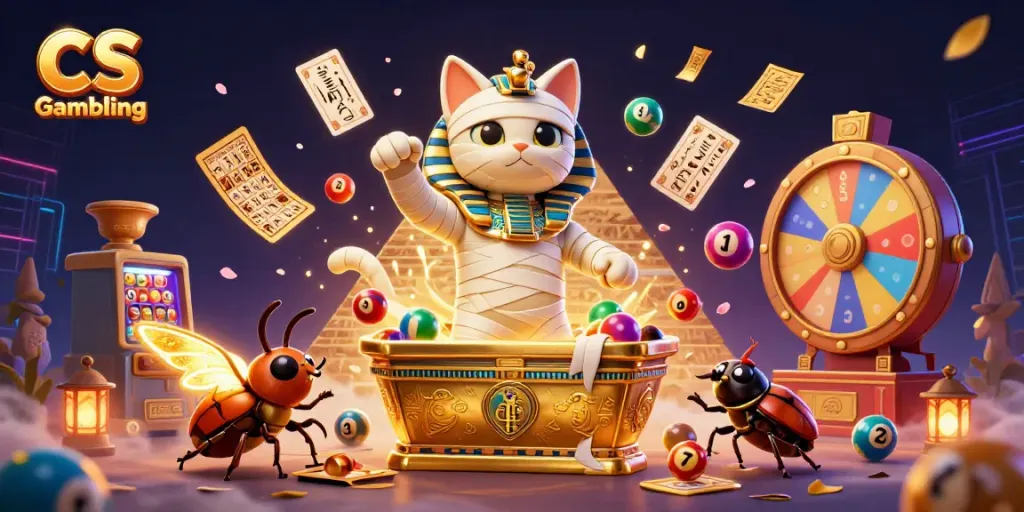 Experience CS Gambling with a dynamic depiction of a mummy cat and scarab beetle in a vibrant pyramid casino scene.
