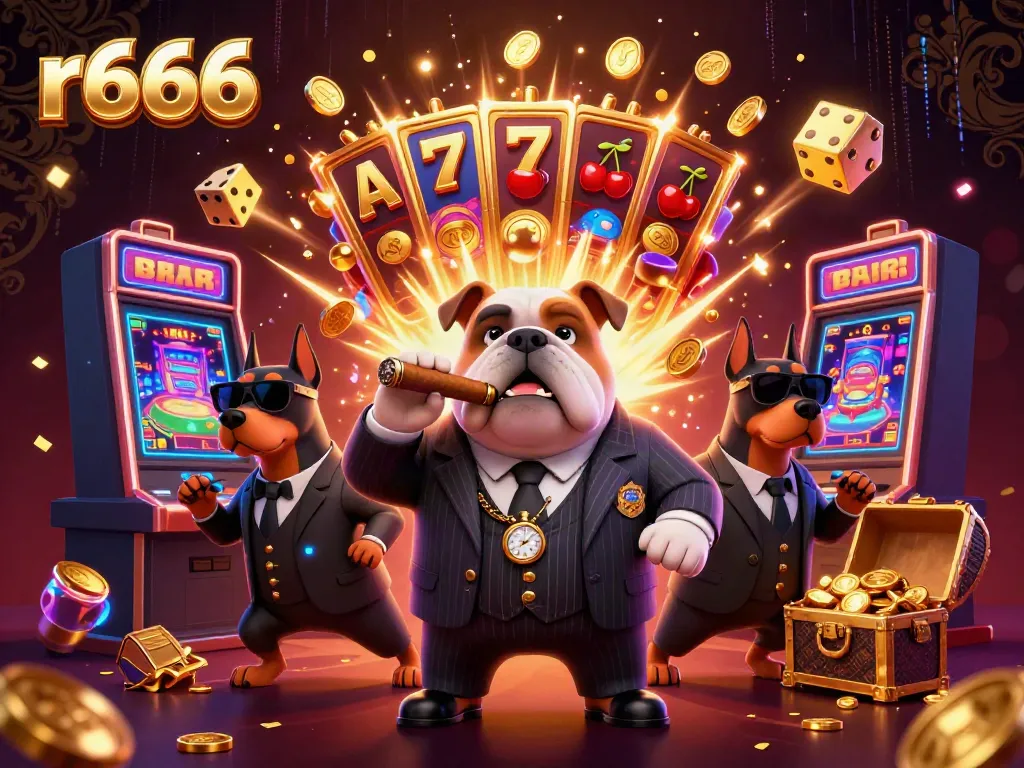 Join the fun at r666 casino with a vibrant illustration of a mafia boss and bodyguards amidst exciting game elements.