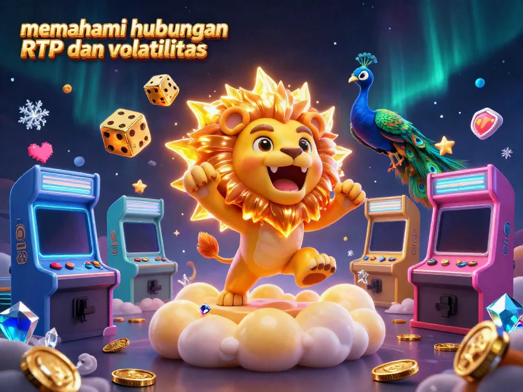 Menggambarkan hubungan RTP dan volatilitas dalam gambar yang penuh warna dan berenergi, dengan elemen kasino yang menarik.