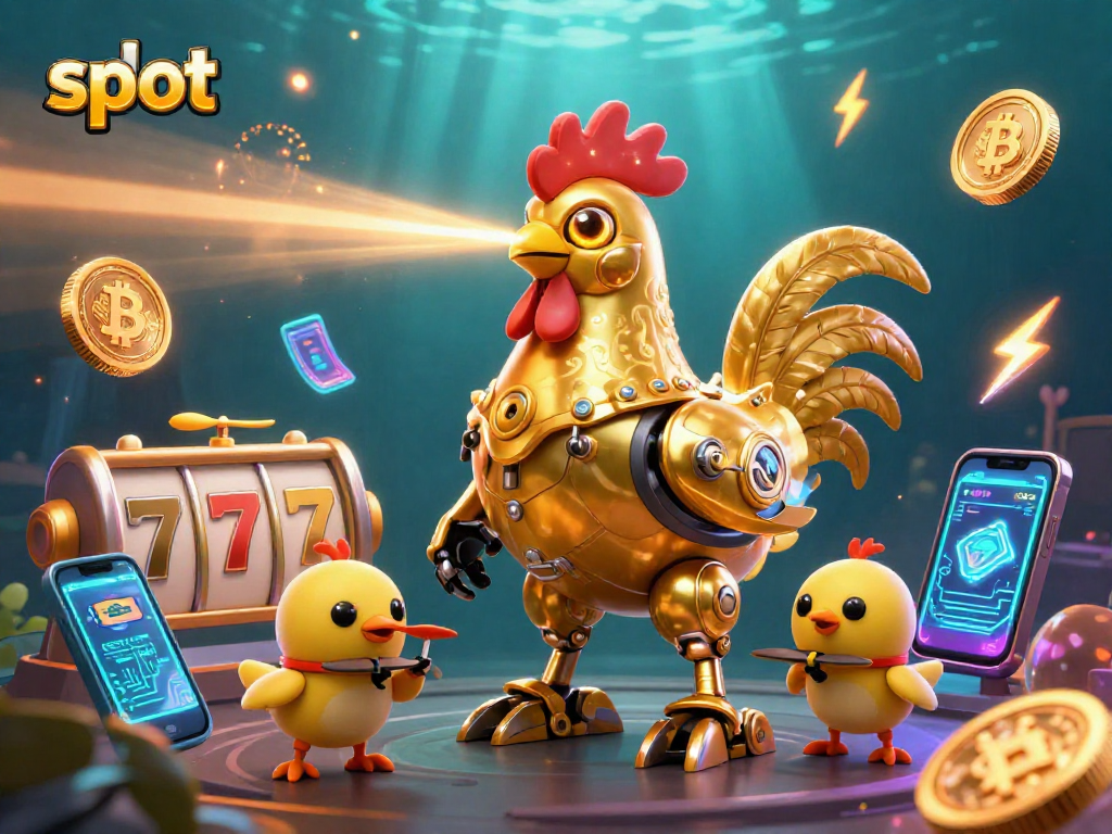 Spin the slot reels with a captivating golden rooster robot and baby chick drones amidst glowing crypto coins.
