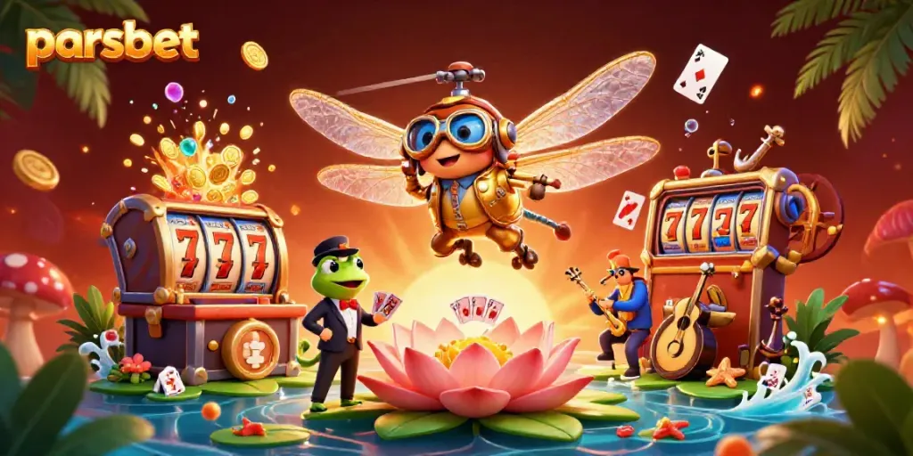 parsbet ile heyecan verici slot oyunları sahnesi, kart dağıtan kurbağa ve canlı müzik ile dolu.