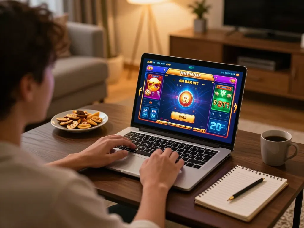 Engaging in MM 88 online casino gaming with colorful interface and cozy home setup.