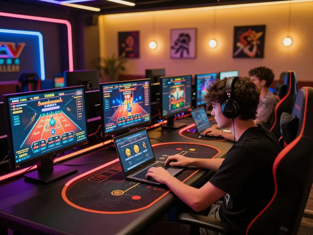 Player engaged in thrilling Ta88 online gaming session with multiple screens and ambient lighting