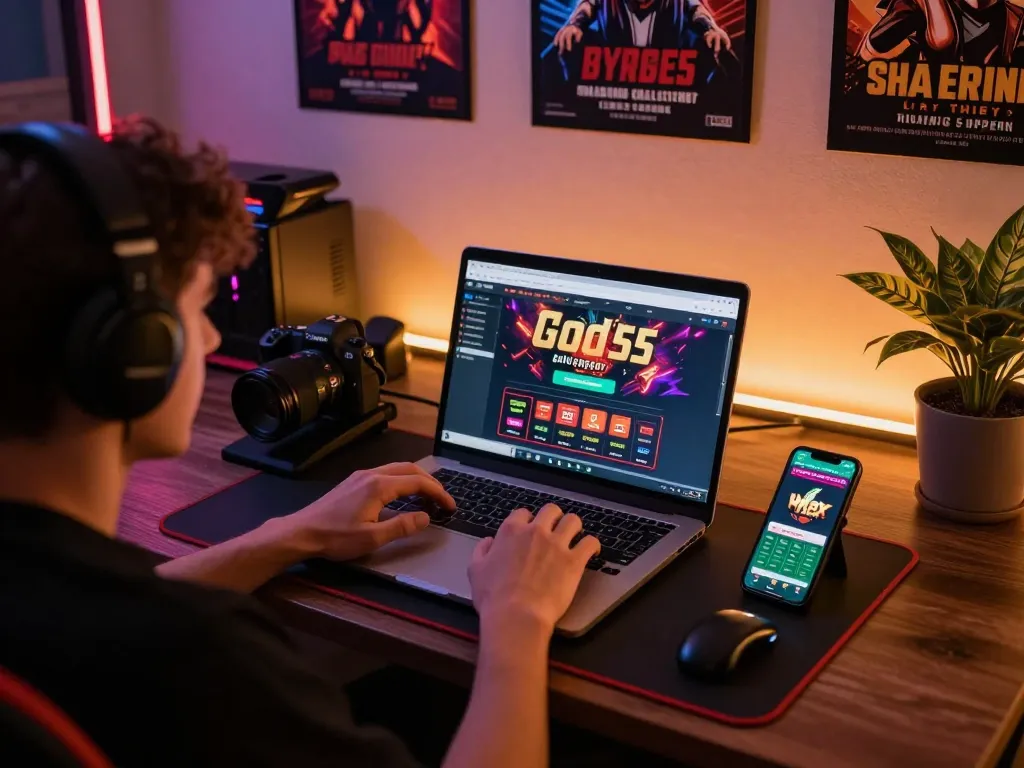 Engaged player enjoying god55 online gaming experience on a laptop with a live betting app.