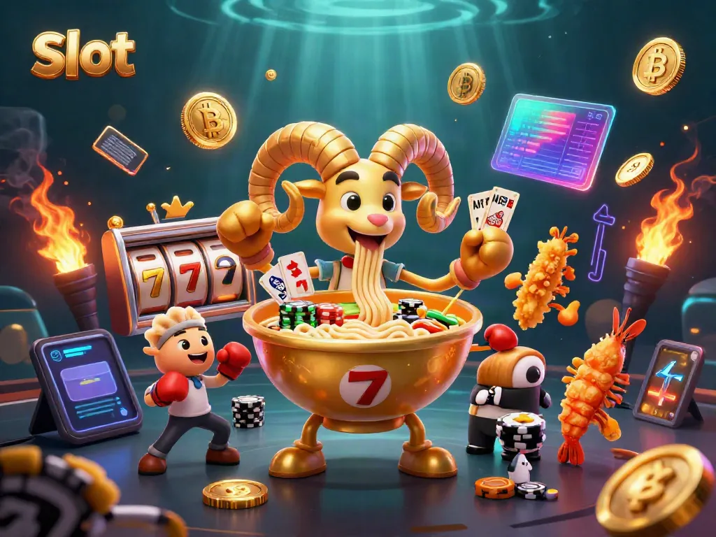 Slot bermain dengan elemen menarik seperti karakter ramen dan simbol keberuntungan di kasino digital.