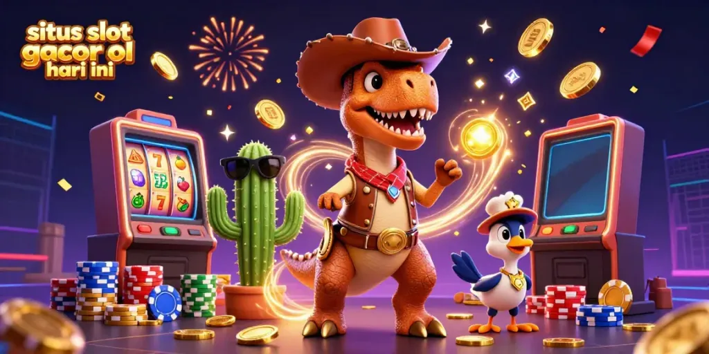 Permainan situs slot gacor hari ini menampilkan karakter dinosaurus lucu dan simbol slot jackpot