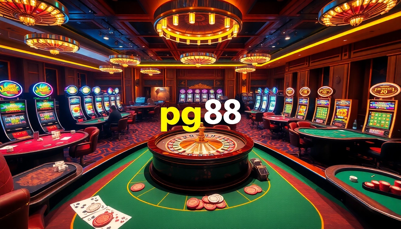 Action-packed casino scene featuring pg88 roulette and poker tables with players.