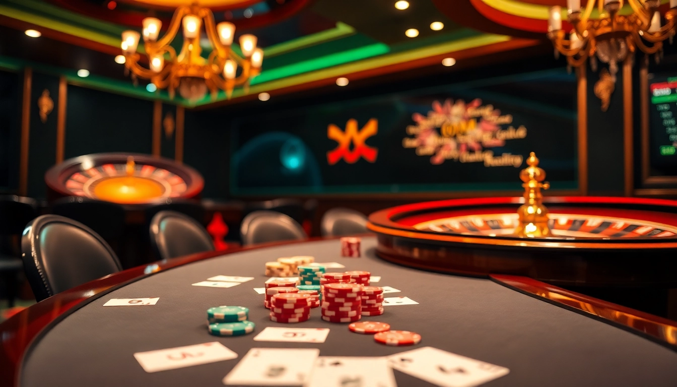 Experience the thrill of gaming at OKATM with an elegant poker table and vibrant casino ambiance.