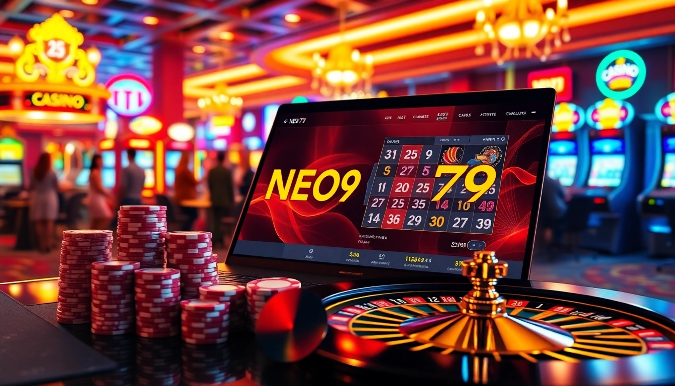 Players enjoy the excitement of NEO79's casino games with vibrant poker chips and cards.