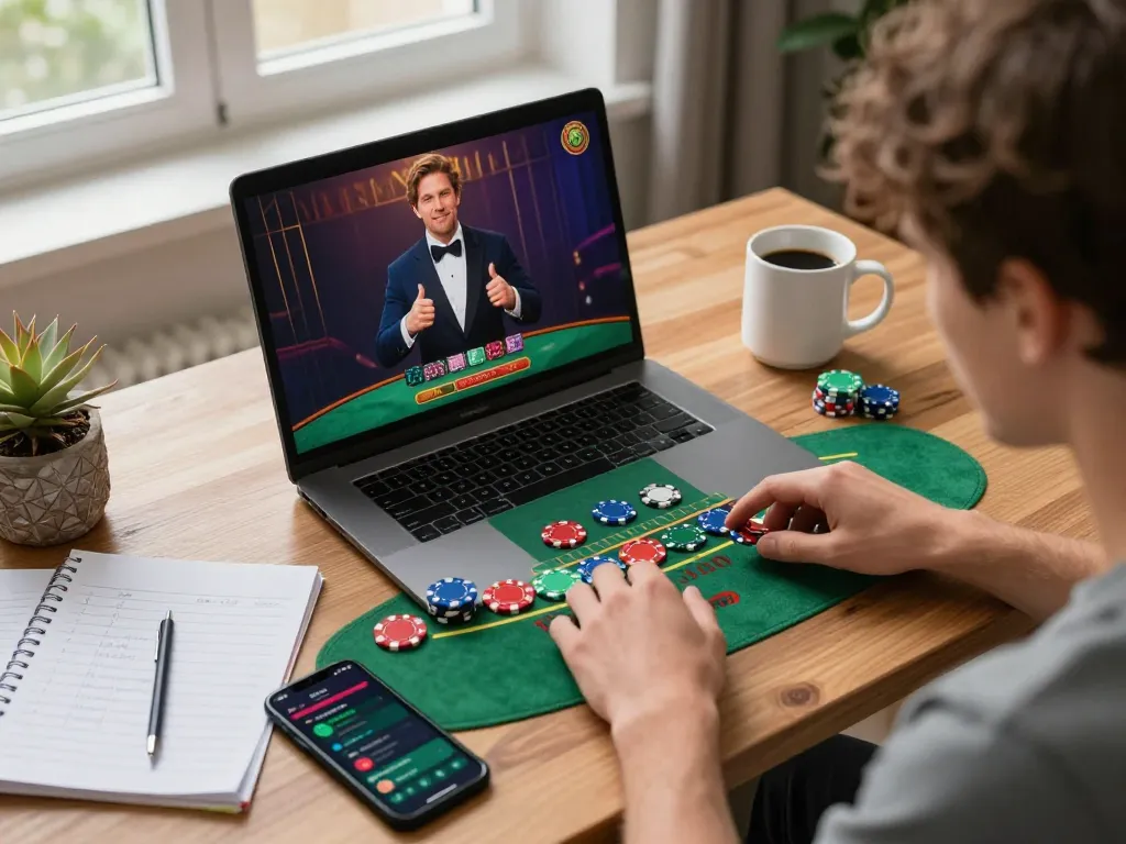 Player immersed in kdslot online blackjack action on laptop, showcasing dynamic gaming strategy.