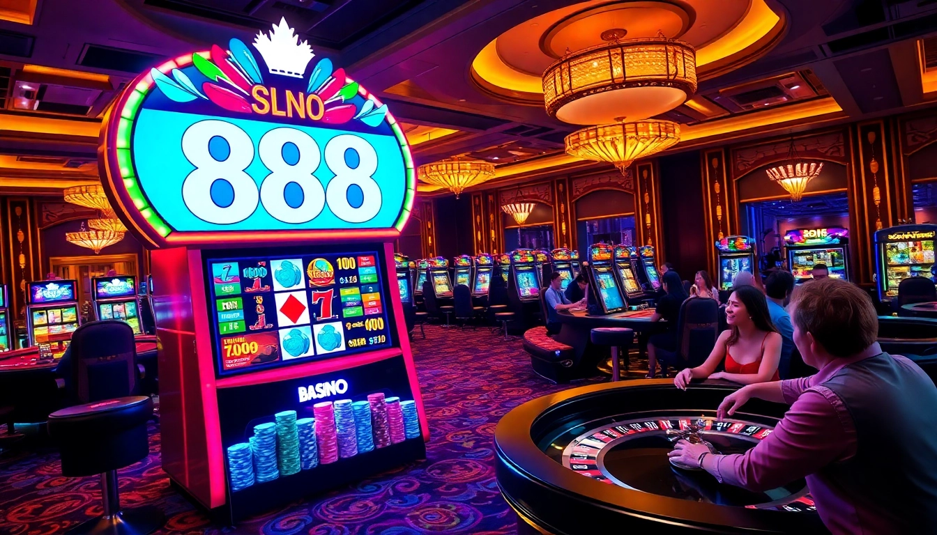 Pemain judi yang menang di mesin slot 888slot yang menarik dikelilingi oleh elemen kasino yang berwarna-warni.