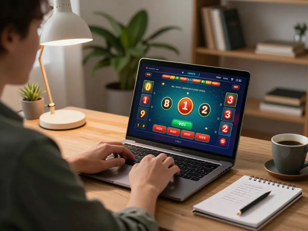 Engaged player using laptop for online casino gaming at nhà cái BL555 in a cozy home office.
