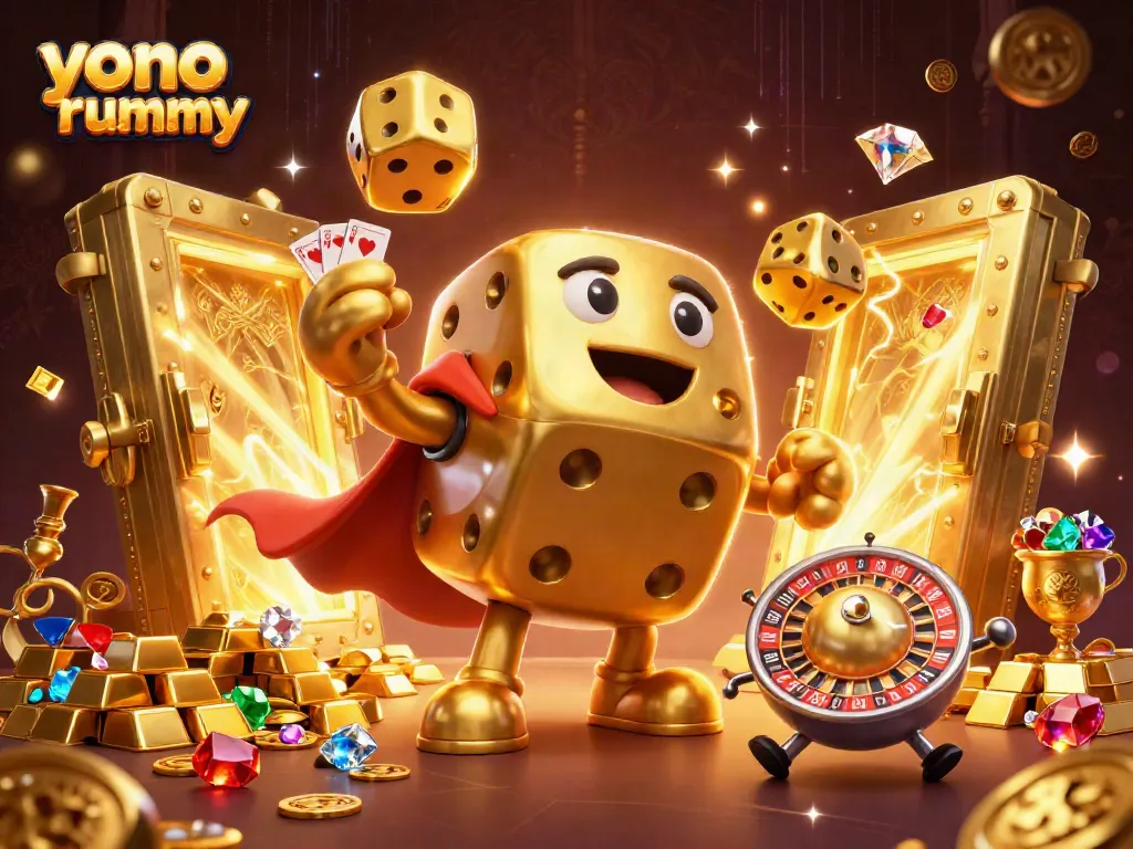 Gambarlah Yono Rummy saat bermain kartu dan dikelilingi oleh tumpukan koin dan perhiasan berkilau.