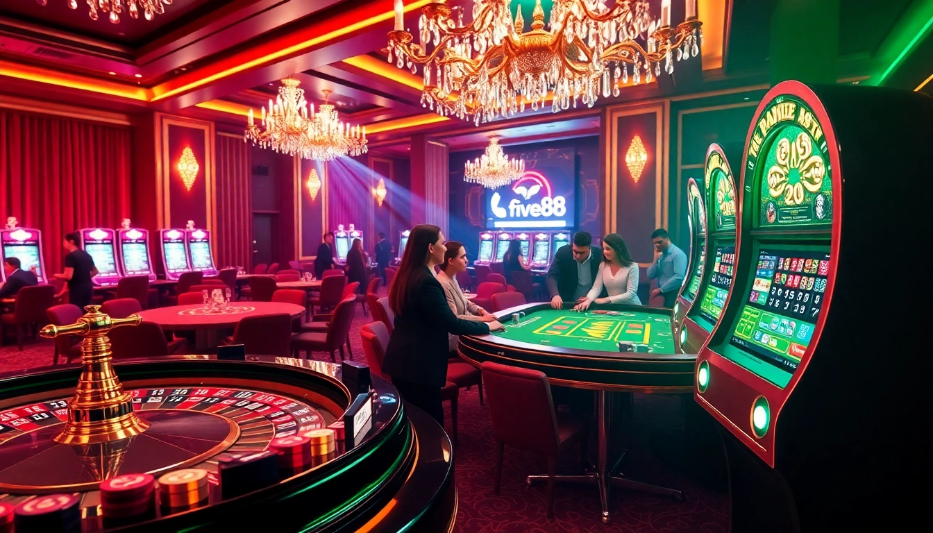 Exciting casino scene featuring five88 branding with roulette and slot machines.