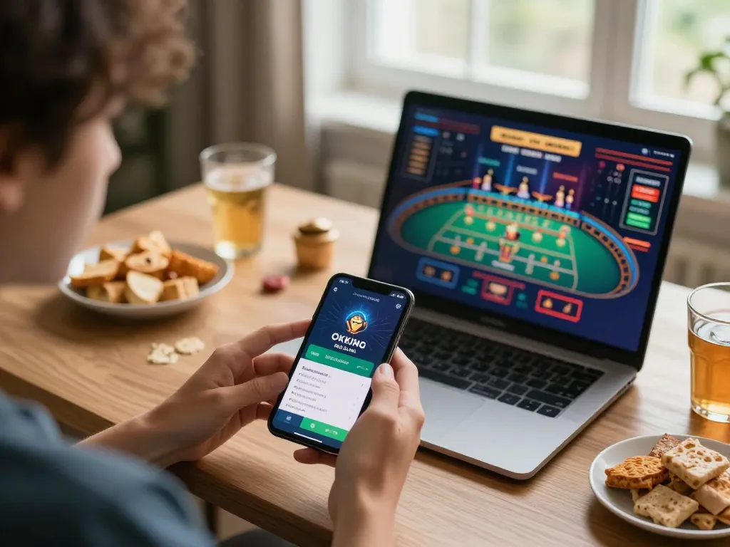 Playing on the OKKING nhà cái app at home, enjoying a vibrant online gaming experience with snacks.