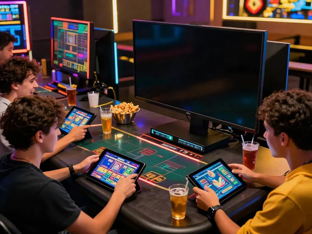 Friends enjoying an akunjp online gaming session at a digital table