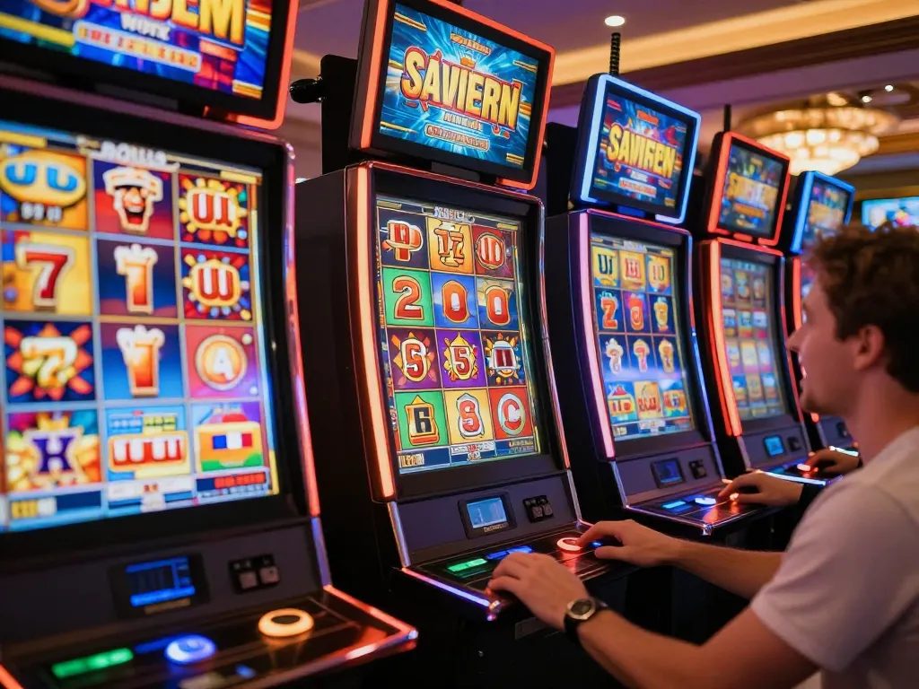 Engaged players enjoying slot online gaming with vibrant colorful machines spinning reels and exciting graphics.