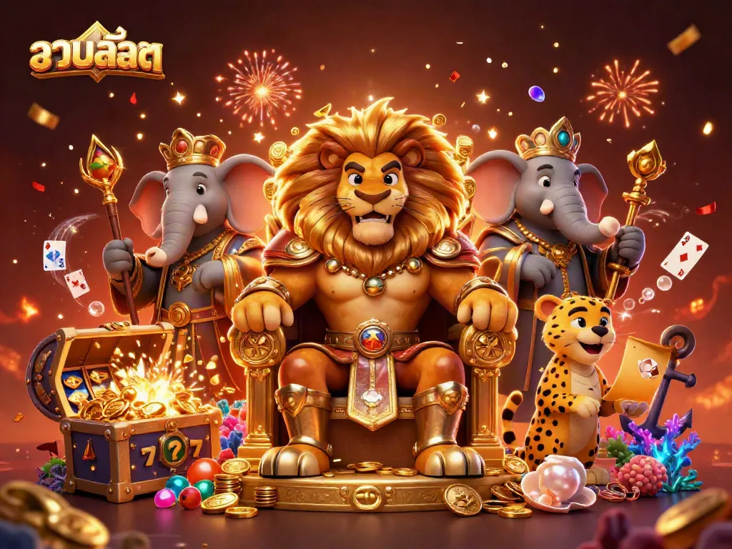 Spin and win with รวมสล็อต featuring a fierce lion king, wise elephant, and swift cheetah amidst dynamic slot elements.