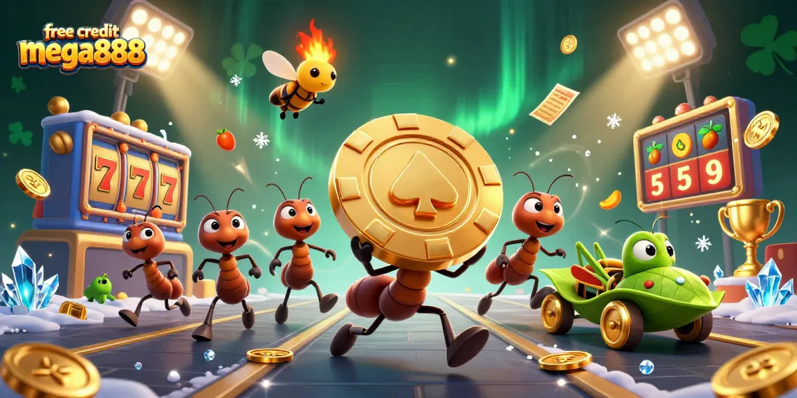 Maximize free credit mega888 with dynamic visuals of ants and casino elements in action.