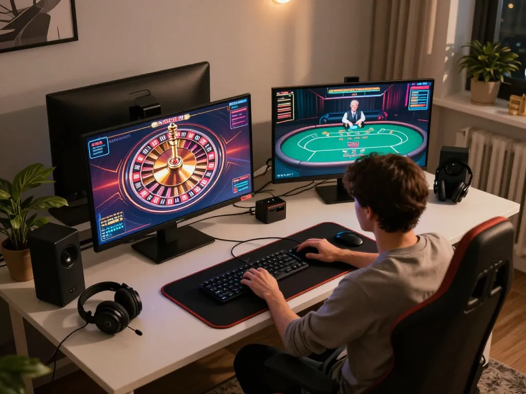 Engaging online gaming at JUN88 with a player exploring live casino games in a cozy home office setting