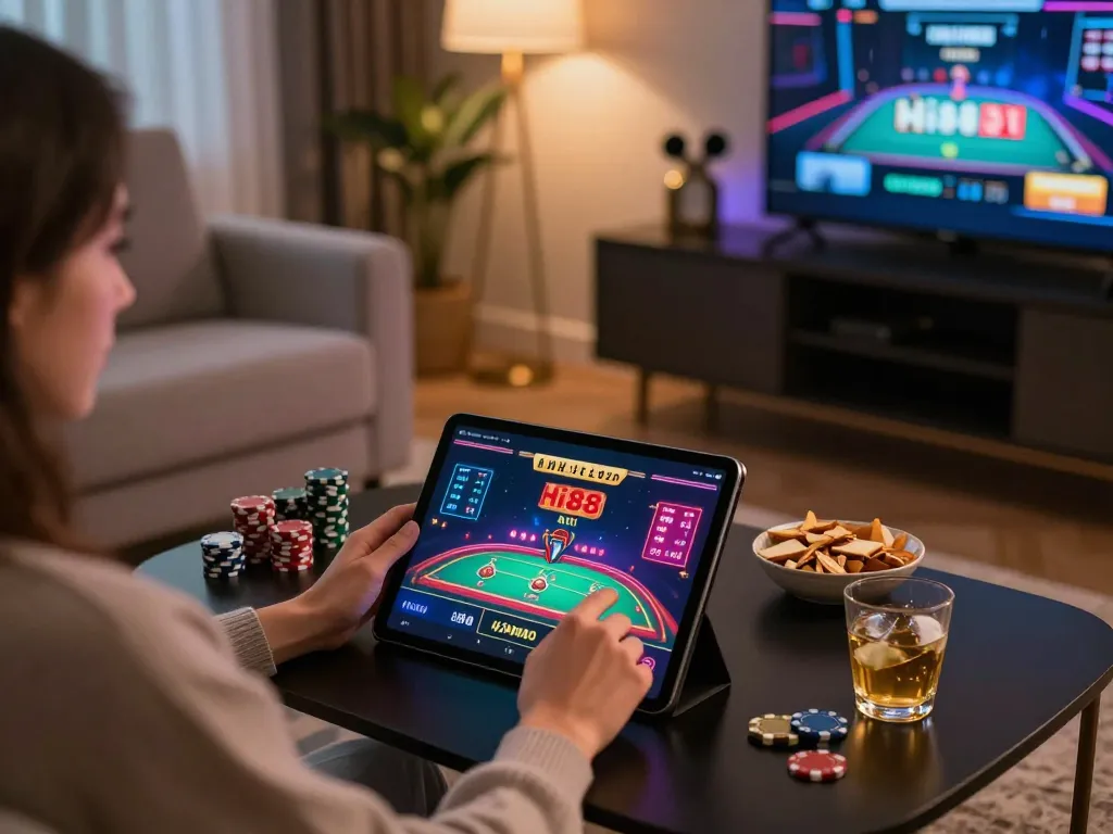 Player enjoying the Hi88 app on a tablet at home, reflecting engaging online gambling experience