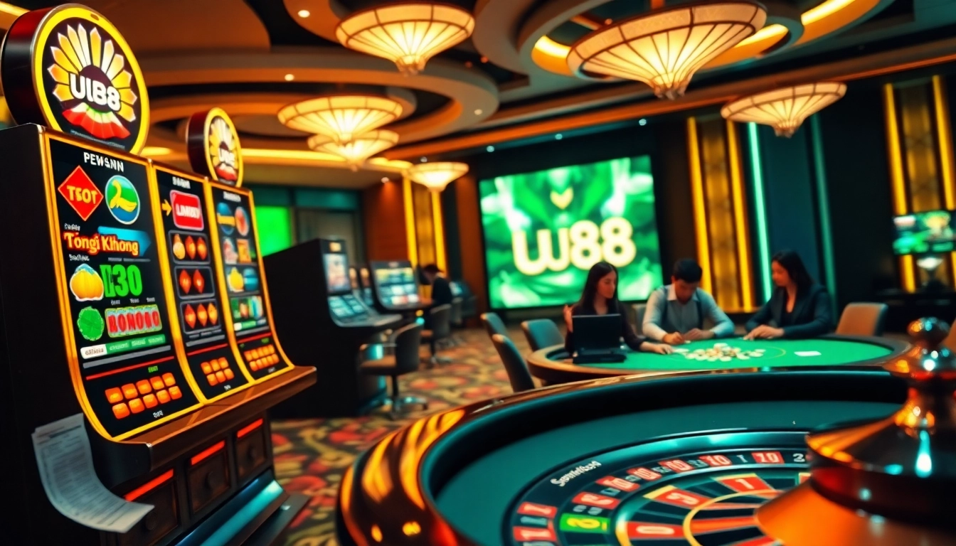 Experience the thrill of UU88 with engaging online gambling visuals, including poker tables and slots.