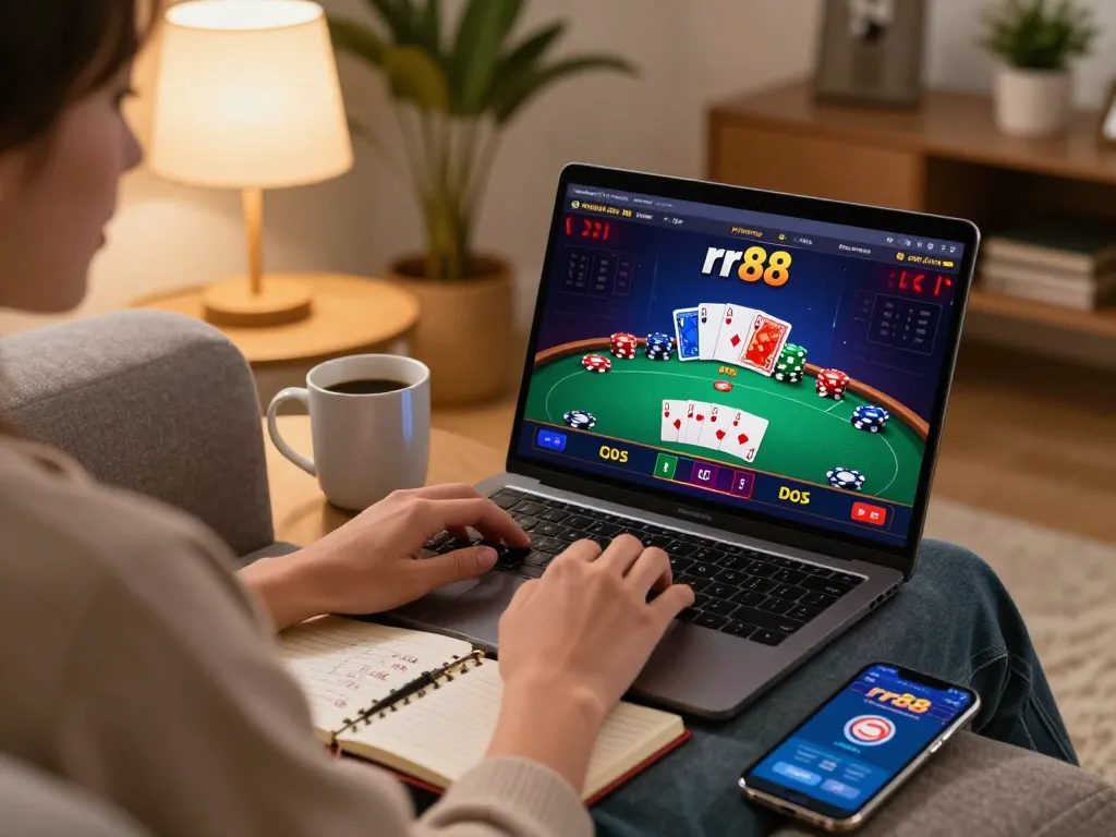 Engaged player using rr88 platform on a laptop while analyzing poker strategies at home.