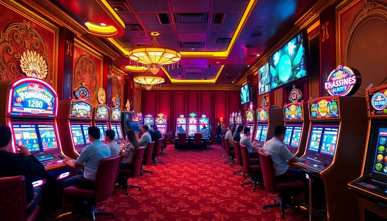 Pemain menikmati permainan slot88 di lingkungan kasino mewah yang dipenuhi dengan mesin slot yang berwarna-warni.
