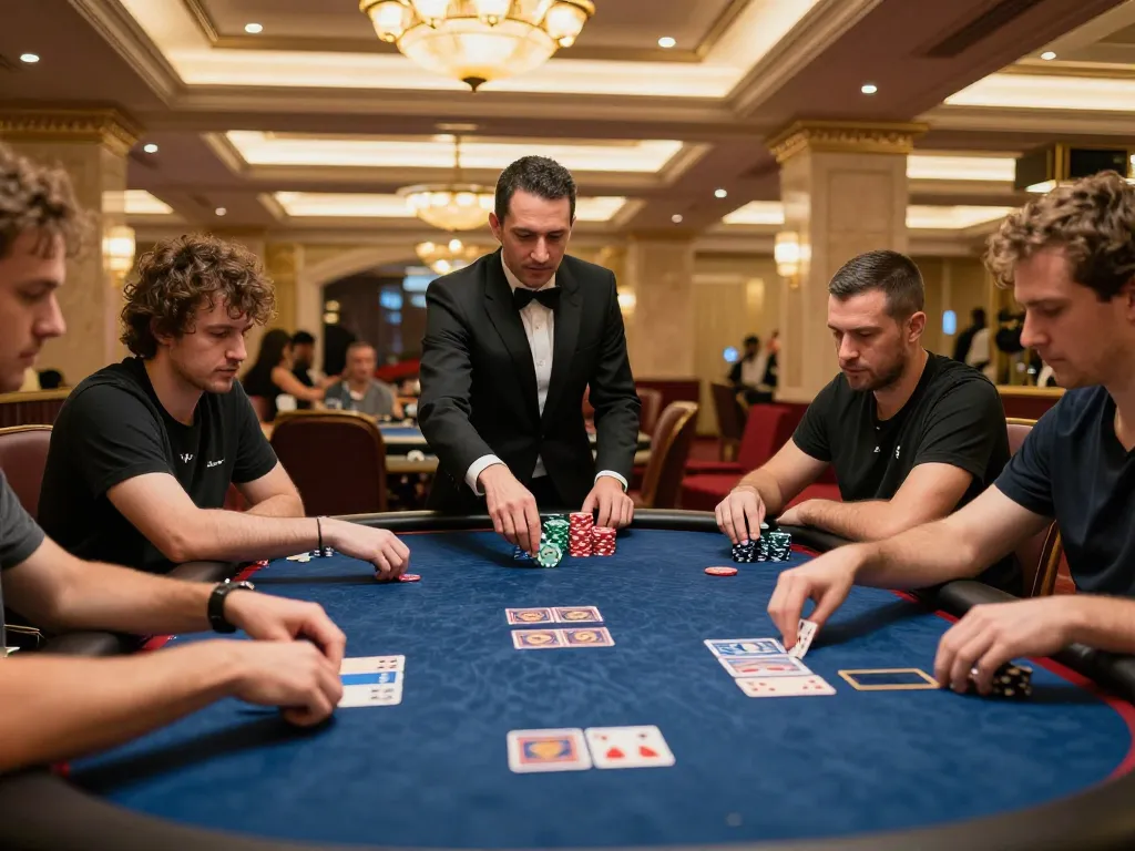 MPO777 players engaged in strategic poker gameplay at a vibrant casino table, showcasing intense concentration and elegant decor.