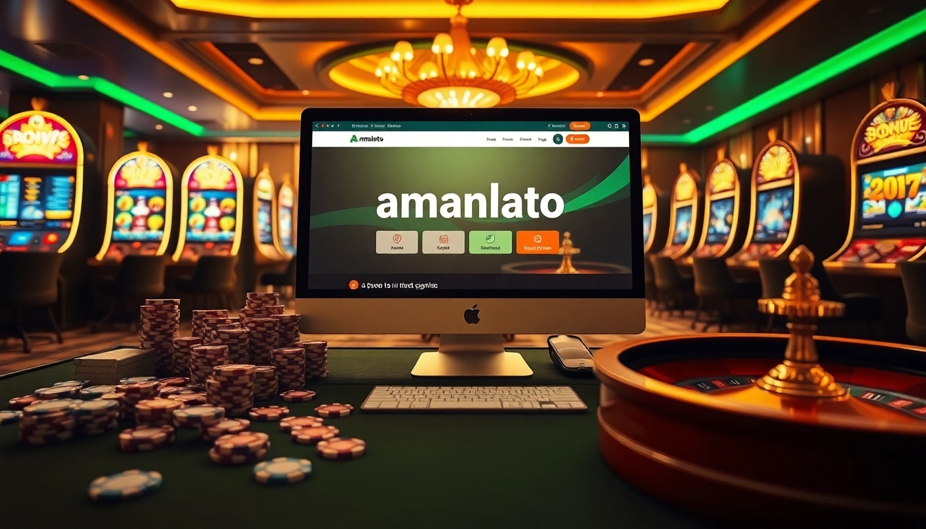 A vibrant online gambling scene featuring amanahtoto with poker chips, a roulette wheel, and slot machines.