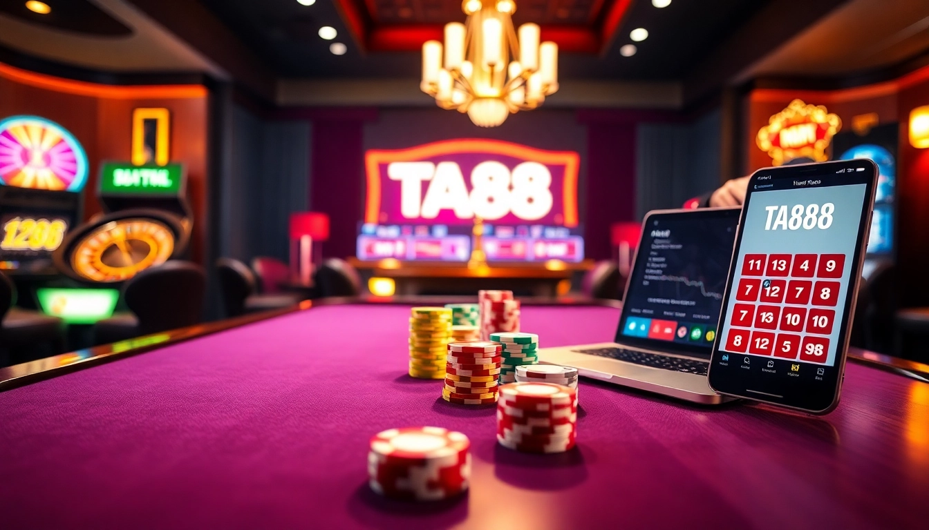 Experience the excitement of TA88 link with vibrant casino elements and sleek online gaming interfaces.