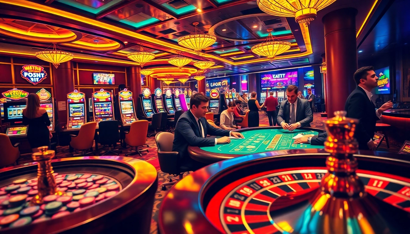 A vibrant 8DAY casino scene showing excited players at a poker table and glowing slot machines.