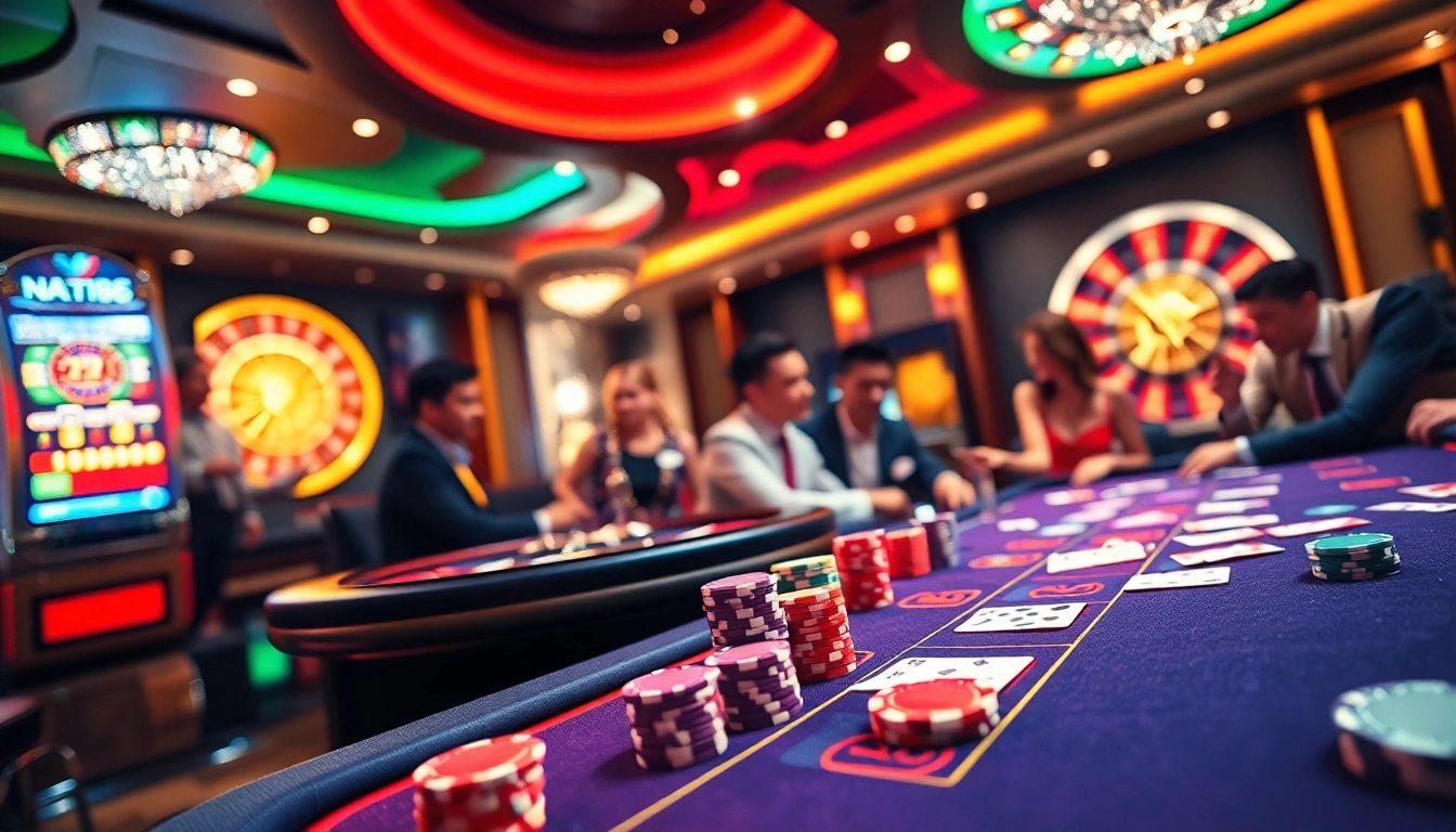 Players enjoying poker at Nc88 casino, surrounded by vibrant chips and a dazzling roulette wheel.