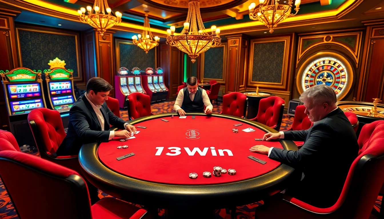 Exciting poker game at 13Win casino showcasing players and dealer in a vibrant setting.