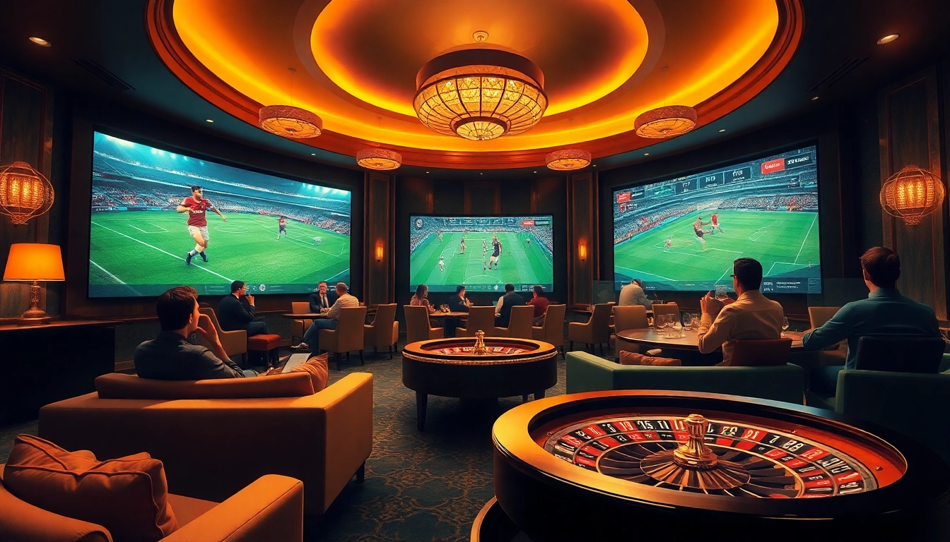 Exciting scene at a sports betting lounge featuring แทงบอล action, luxury seating, and live matches.