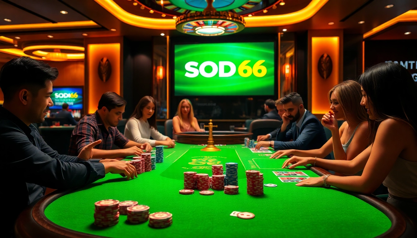 SODO66 players experiencing high-stakes poker surrounded by chips and cards in a luxury casino setting.