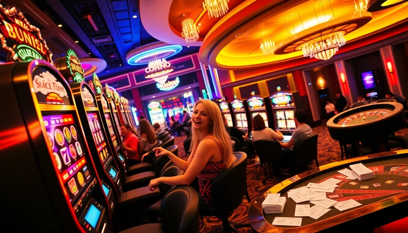 Thrilling slot machines gleaming in a vibrant casino environment with players winning big.
