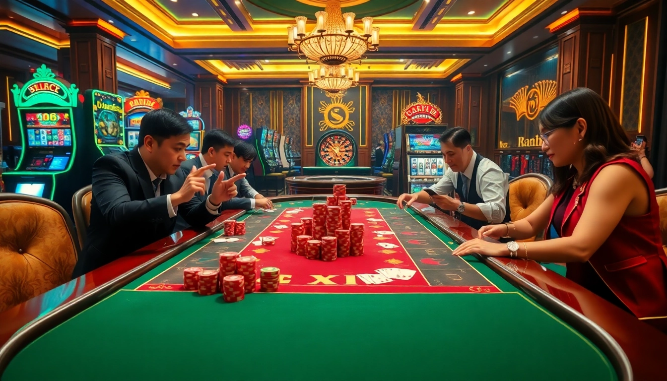 Cổng Game XIN88 offers an exciting poker night scene with players and vibrant chips.