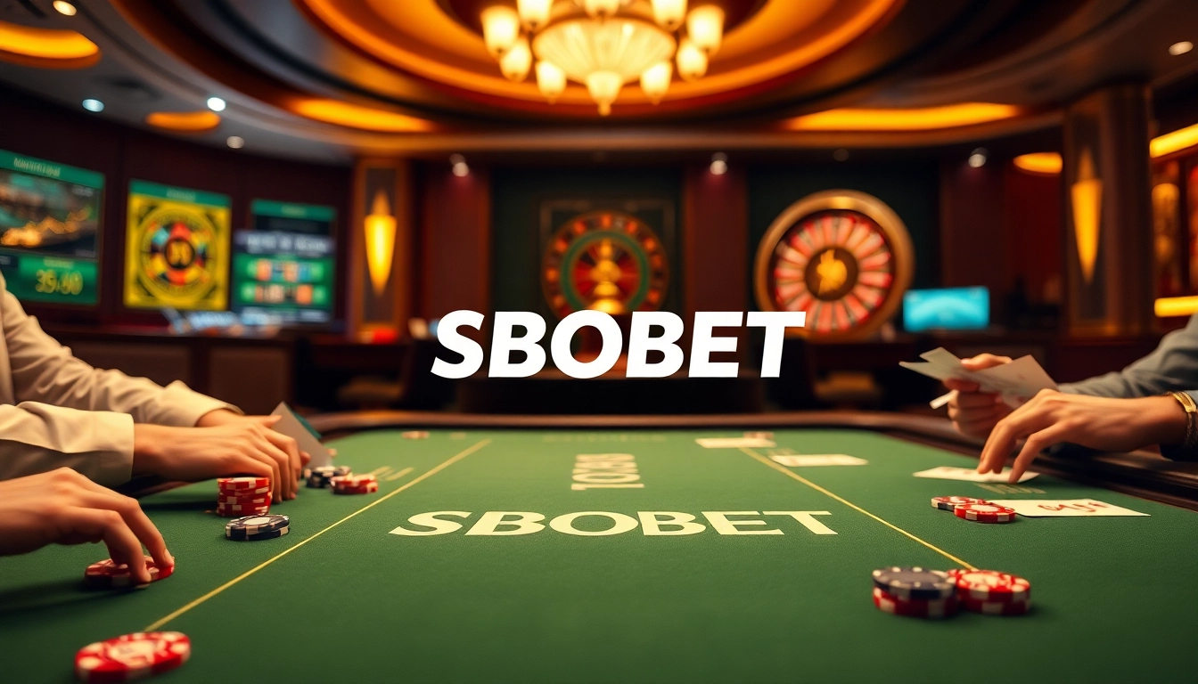 SBOBET logo on a luxurious poker table surrounded by engaged players and vibrant casino elements.
