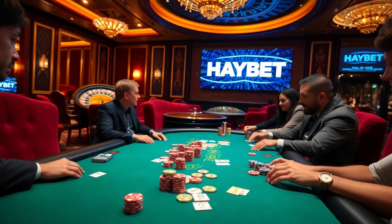 HAYBET poker action at a luxurious casino table showcasing excitement and thrills.